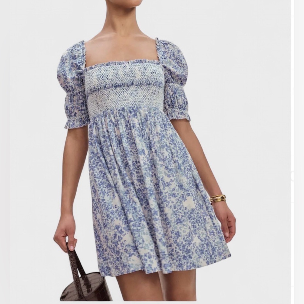 Reformation Dione Maddie Blue Floral Smocked Mini Dress Size 4 NWT - Picture 2 of 12